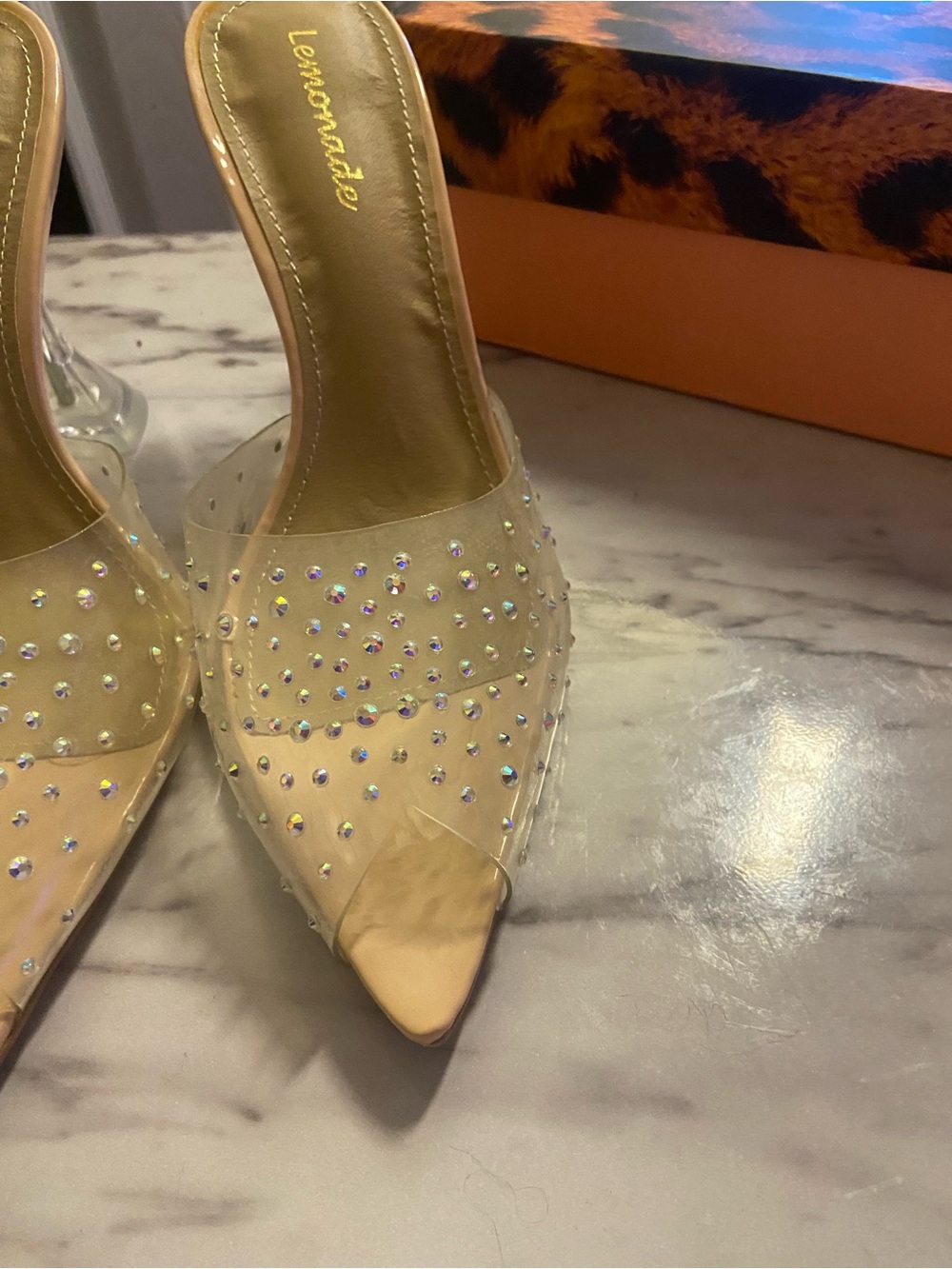 Lemon Nude Clear Pointed Mule with Crystal Accents